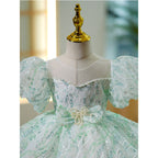 Toddler Ball Gowns Girl Pageant Princess Green Sequin Puff Sleeve Communion Dress