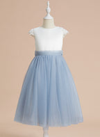 A-line Satin Tulle Tea-length First Communion Flower Girl Dress
