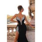 V-neck Beaded Black Satin Pleats Long Prom Dress with Slit Evening Gowns