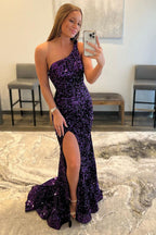 Purple One Shoulder Sequined Mermaid Prom Dress