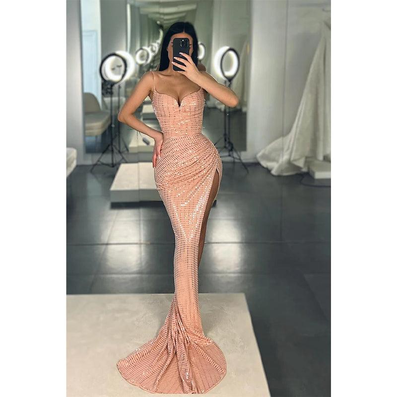 Pluning V Neck High Split Sequins Sparkly Prom Dress