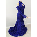 Unique High Neckline Long Sleeves Sequins Sparkly Prom Dress Black Dress for Slay