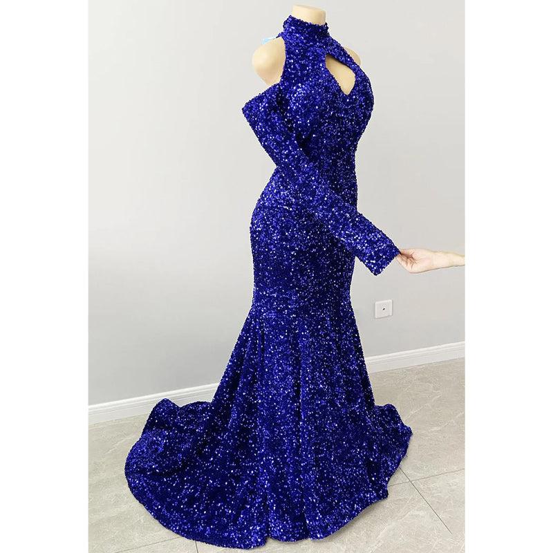 Unique High Neckline Long Sleeves Sequins Sparkly Prom Dress Black Dress for Slay