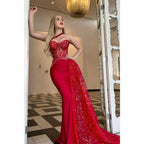 Unique One Shoulder Sweetheart Red Mermaid Formal Evening Dress