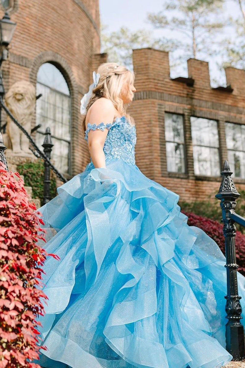 Off the Shoulder Ruffle Tiered Tulle Long Prom Dresses with Appliques