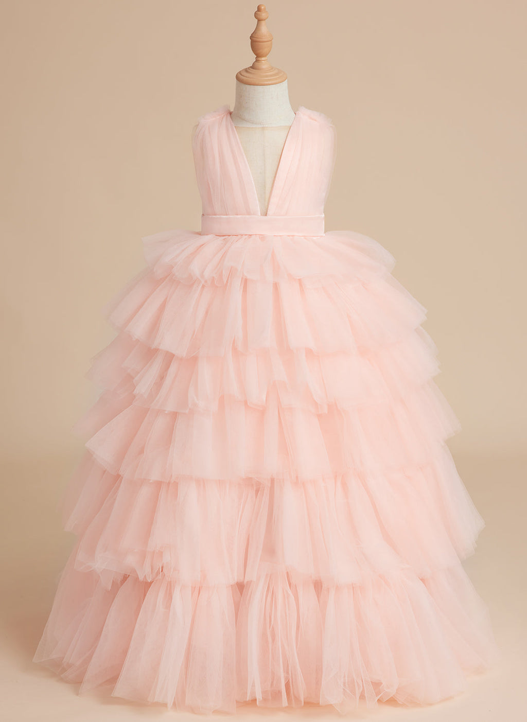 Ball-Gown/Princess Pearl Pink Sleeveless Tulle Bow Flower Girl Dress (010220814)