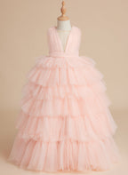 Ball-Gown/Princess Pearl Pink Sleeveless Tulle Bow Flower Girl Dress (010220814)