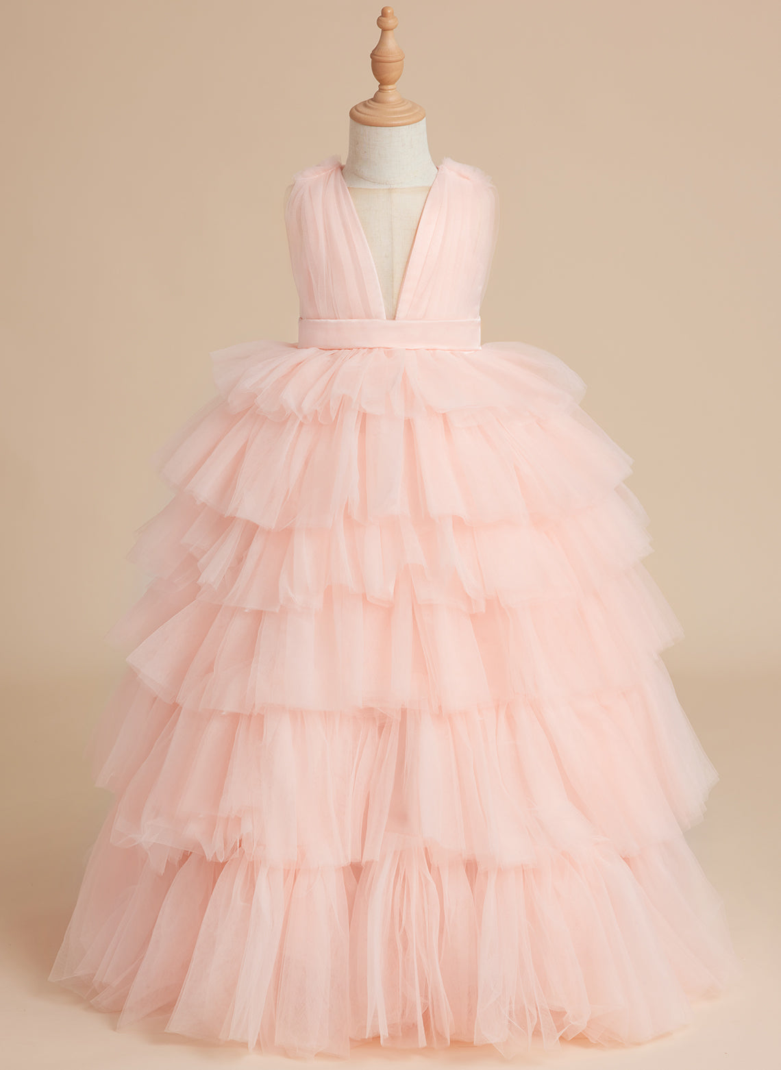 Ball-Gown/Princess Pearl Pink Sleeveless Tulle Bow Flower Girl Dress (010220814)