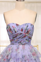 Charming A Line Off the Shoulder Blue Printed Long Prom Dress with Ruffles