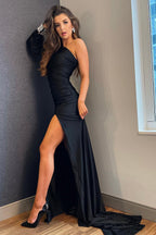 One Shoulder Black Mermaid Prom Dress with Slit