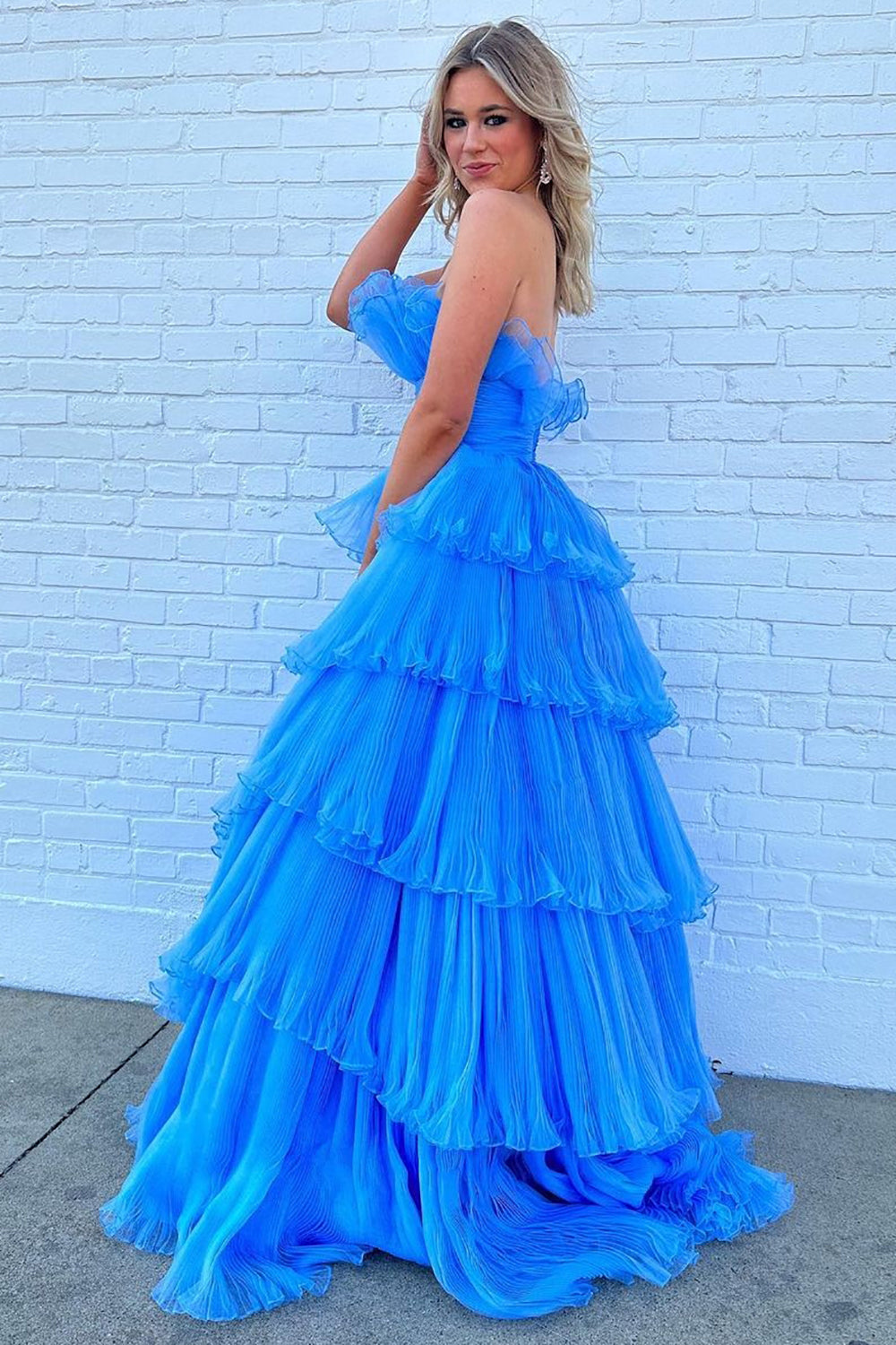 Charming A Line Strapless Blue Long Prom Dress with Ruffles