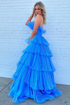 Charming A Line Strapless Blue Long Prom Dress with Ruffles