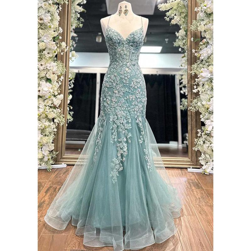 Tulle V-neck Spaghetti Straps Lace Applique with Tulle Train Formal Dress