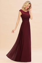 Cap Sleeve Burgundy Evening Maxi Gown Chiffon Floor Length Bridesmaid Dress