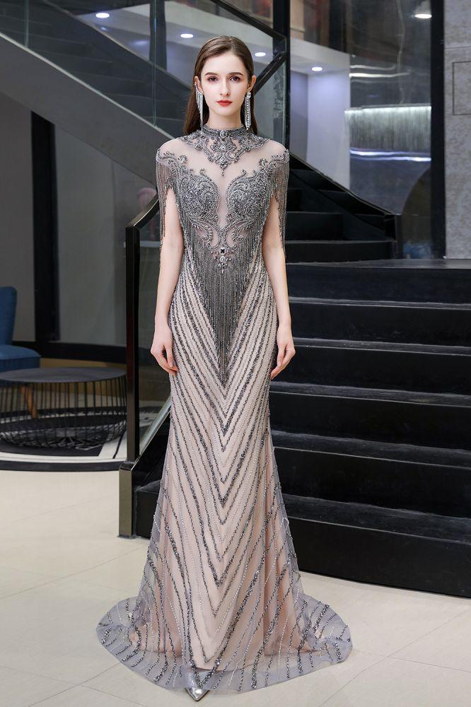 Cap Sleeves High Neck Sparkly Beads Floor-Length Mermaid Evening Party Gown