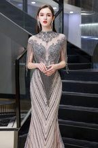Cap Sleeves High Neck Sparkly Beads Floor-Length Mermaid Evening Party Gown