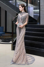 Cap Sleeves High Neck Sparkly Beads Floor-Length Mermaid Evening Party Gown