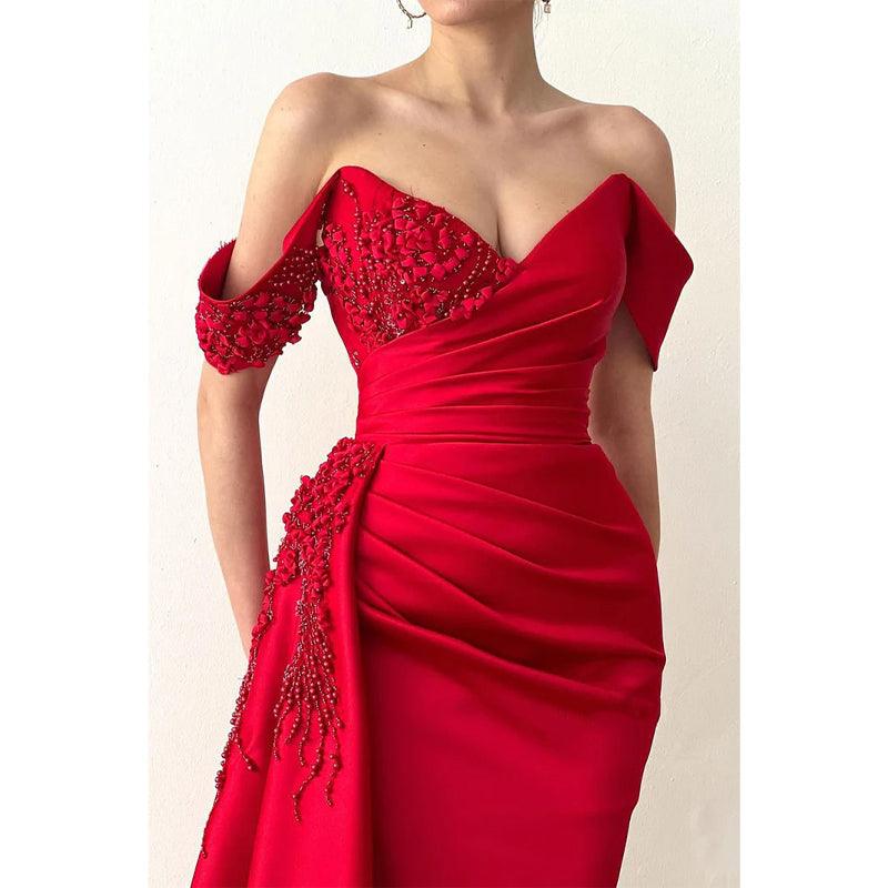 Sheath Off Shoulder Beaded Red Satin Long Prom Dress Evening Gown