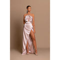 Unique Halter Pleated Side Slit Long Pink Prom Formal Evening Dress