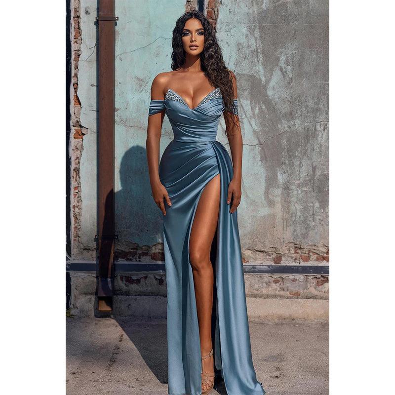 Sexy V-neck Pleats Long Prom Dress with Slit