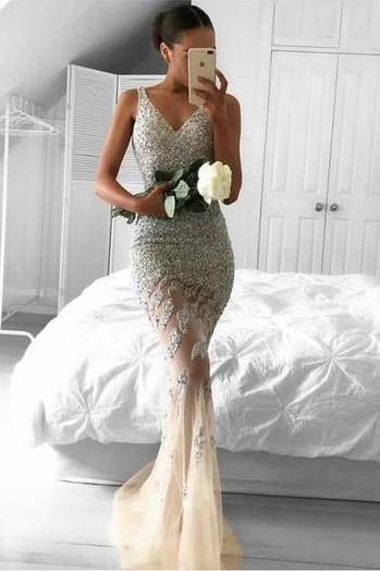 Tulle Beaded Long Mermaid V neck Lace Party Dresses, Long Prom Dress