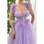 Tulle A-line Sweetheart Spaghetti Straps Floral Appliqued Party Prom Evening Dress