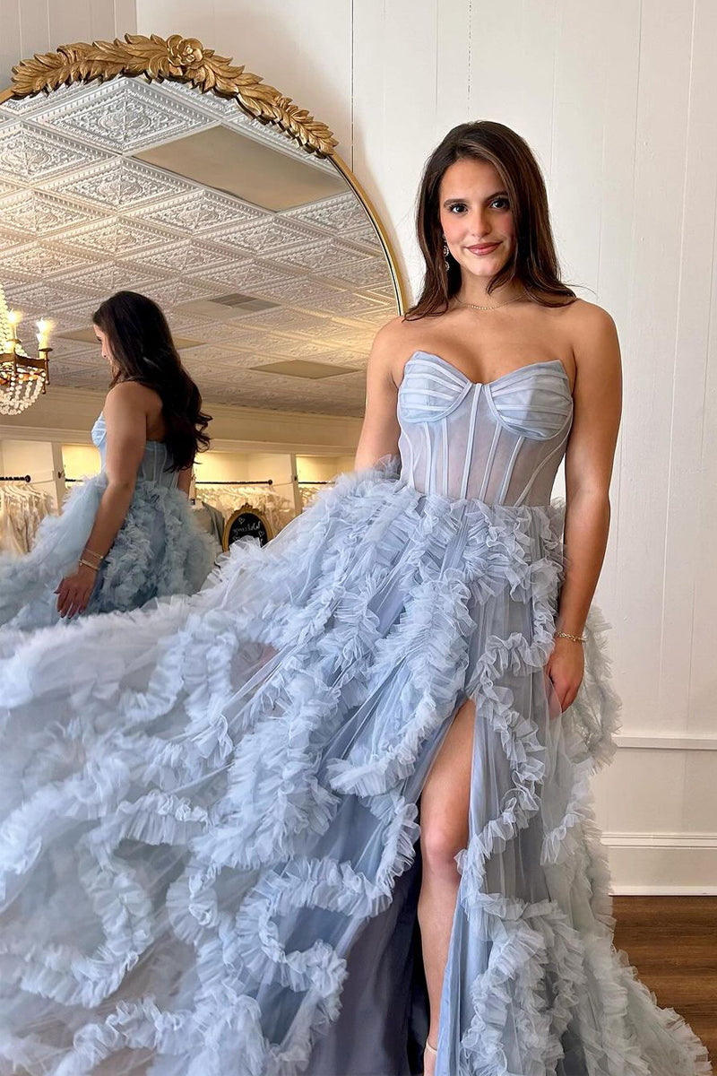 Strapless Ruffle Tulle A-Line Long Prom Dresses with Slit