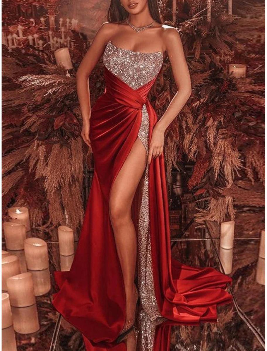 Celebrity Style Formal Court Train Sleeveless Strapless Sequined with Ruched Sequin Slit Evening Dress