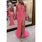 V-neck Illusion Empire Sleeveless Sequined with Side Slit Party Prom Evening Dress