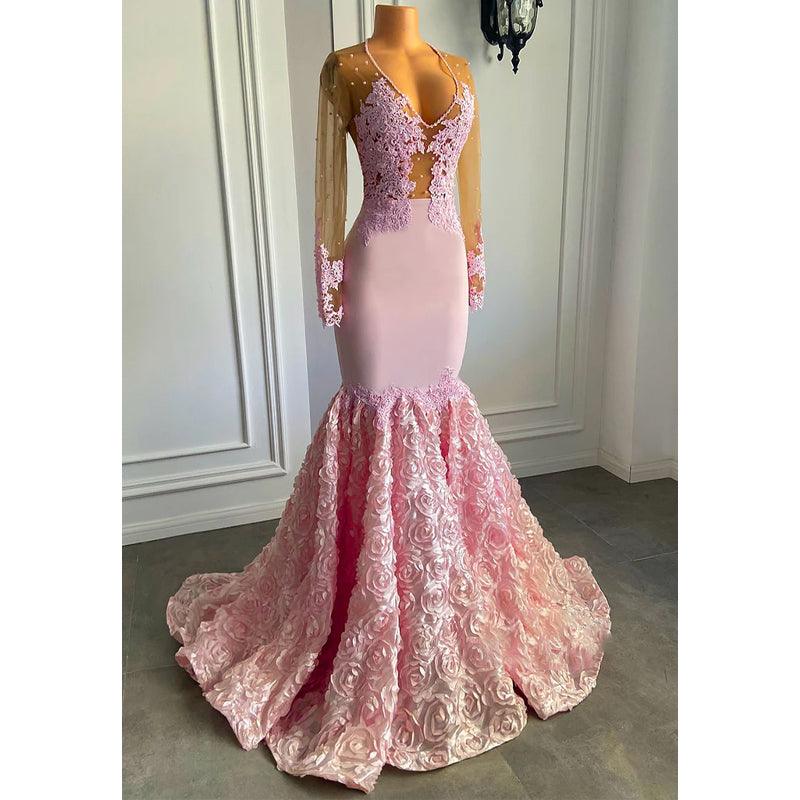 Sexy V-neck Lace Appliques Long Sleeves Mermaid Afric Prom Dress