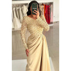 Champagne Beaded Asymmetrical Neck Prom Dress with Split Evening Gowns