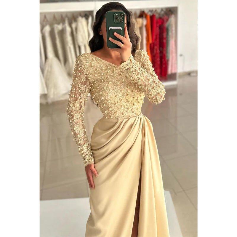 Champagne Beaded Asymmetrical Neck Prom Dress with Split Evening Gowns