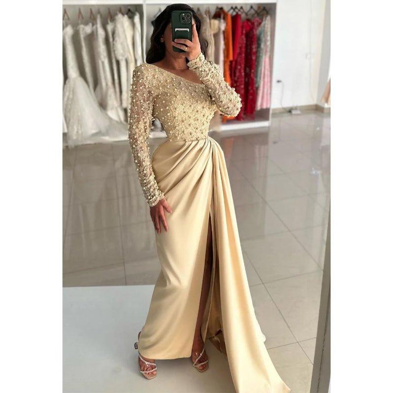 Champagne Beaded Asymmetrical Neck Prom Dress with Split Evening Gowns