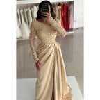 Champagne Beaded Asymmetrical Neck Prom Dress with Split Evening Gowns