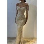 Champagne Off-shoulder Beaded Sexy Long Sleeves Prom Dress Evening Dress