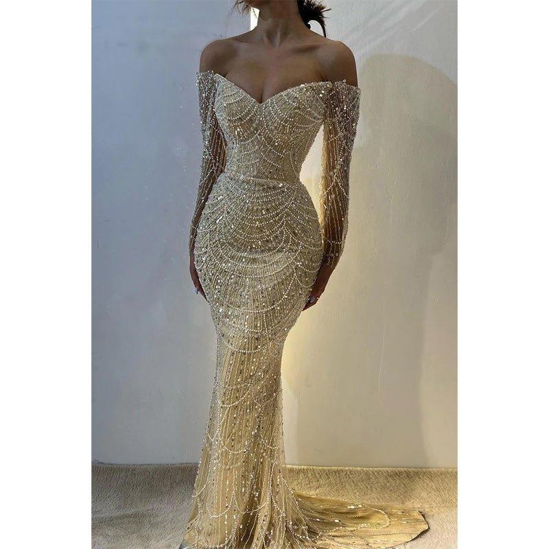 Champagne Off-shoulder Beaded Sexy Long Sleeves Prom Dress Evening Dress
