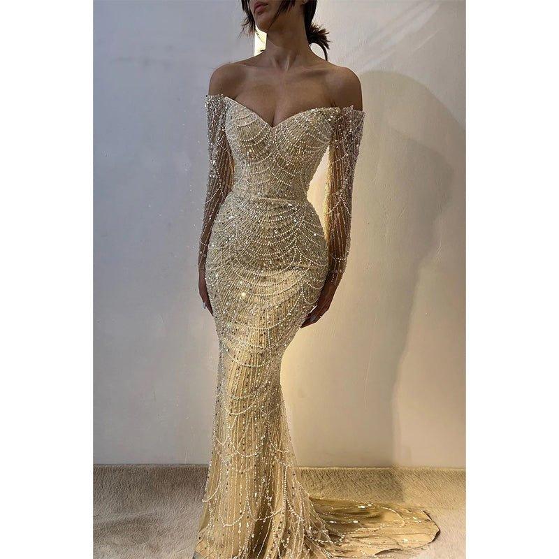 Champagne Off-shoulder Beaded Sexy Long Sleeves Prom Dress Evening Dress