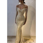 Champagne Off-shoulder Beaded Sexy Long Sleeves Prom Dress Evening Dress