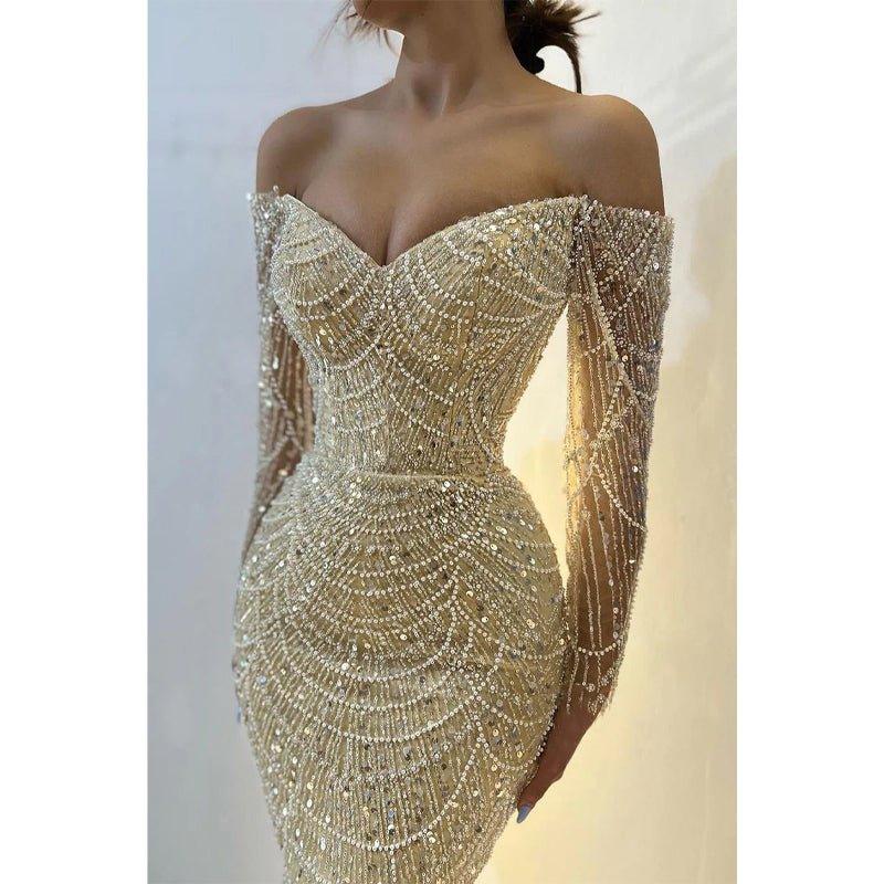 Champagne Off-shoulder Beaded Sexy Long Sleeves Prom Dress Evening Dress