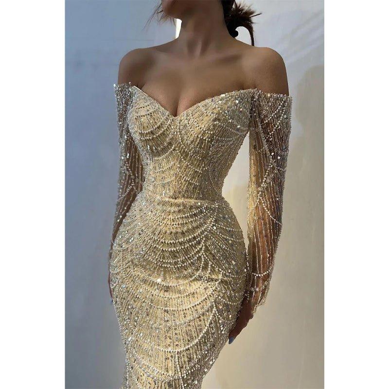 Champagne Off-shoulder Beaded Sexy Long Sleeves Prom Dress Evening Dress