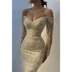 Champagne Off-shoulder Beaded Sexy Long Sleeves Prom Dress Evening Dress