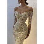 Champagne Off-shoulder Beaded Sexy Long Sleeves Prom Dress Evening Dress