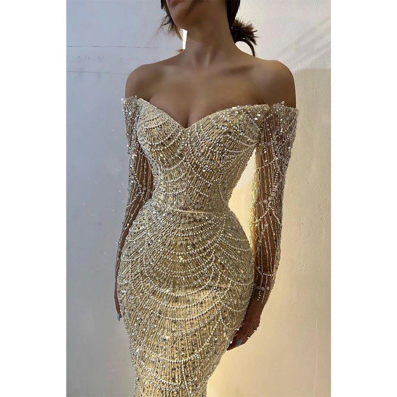 Champagne Off-shoulder Beaded Sexy Long Sleeves Prom Dress Evening Dress