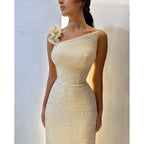 Champagne Sheath Plunging One Shoulder Straps Long Prom Evening Dress