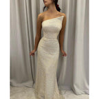Champagne Sheath Plunging One Shoulder Straps Long Prom Evening Dress
