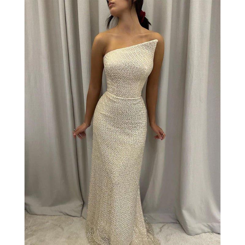 Champagne Sheath Plunging One Shoulder Straps Long Prom Evening Dress