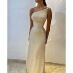 Champagne Sheath Plunging One Shoulder Straps Long Prom Evening Dress