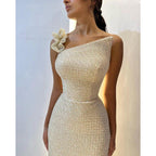 Champagne Sheath Plunging One Shoulder Straps Long Prom Evening Dress