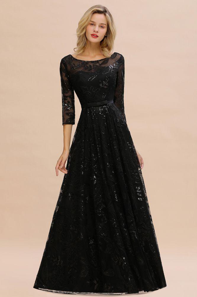 Charming Black Half Sleeves Tulle Sequins Evening Dress 20s Aline Prom Dress