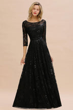 Charming Black Half Sleeves Tulle Sequins Evening Dress 20s Aline Prom Dress